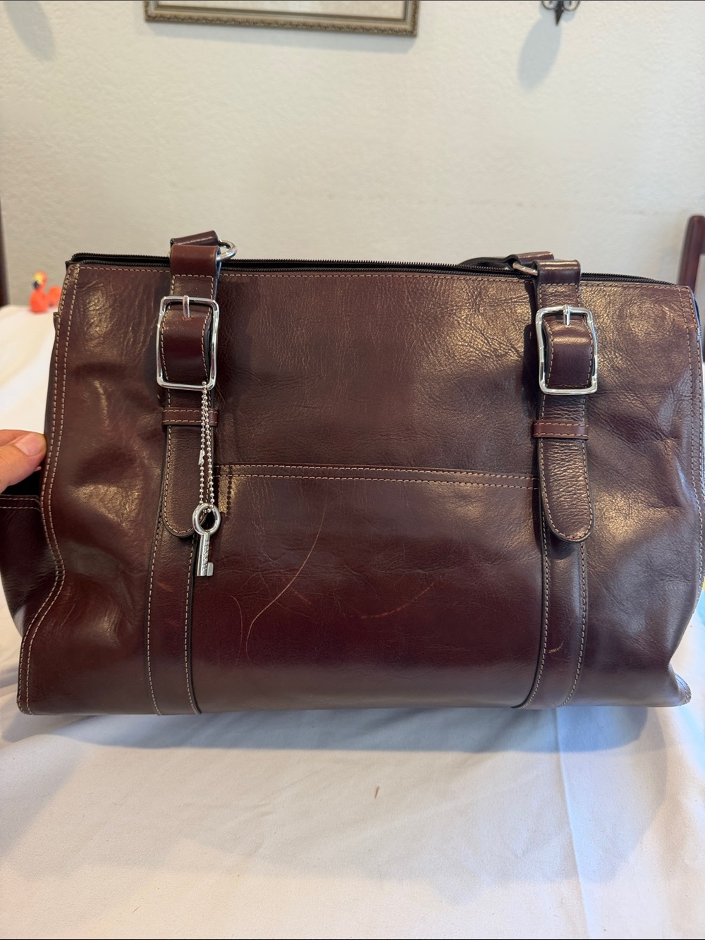 Vintage Fossil 75082 Brown Leather Shoulder Bag Accents Stitching Shoulder Strap